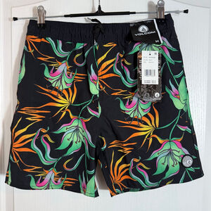 Boys Volcom Black Multi Floral Swim Shorts M